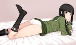  1girl bangs bed black_hair black_legwear blunt_bangs blush braid chin_rest eyebrows_visible_through_hair green_sailor_collar green_skirt grey_eyes kantai_collection kitakami_(kantai_collection) kneehighs kumadano long_hair long_sleeves lying on_bed on_stomach open_mouth panties sailor_collar school_uniform serafuku sidelocks single_braid skirt underwear white_panties 