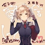  1girl ahoge blazblue blazblue_alternative:_dark_war blonde_hair blush breasts capelet ciel_sulfur collared_shirt eyebrows_visible_through_hair gloves hyakuhachi_(over3) medium_breasts pauldrons red_capelet red_neckwear shirt short_hair solo uniform yellow_eyes 