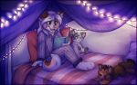  2015 anthro applepup bed bedding blanket book canid canine canis clothing cub domestic_dog female fur furniture green_eyes hair husky inside light mammal multicolored_body multicolored_fur night nordic_sled_dog on_bed open_mouth pajamas pillow plushie reading sitting solo spitz young 