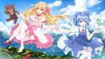  2girls blonde_hair blue_dress blue_eyes blue_hair blue_ribbon blush bow cirno cloud collar dress fairy_wings frilled_collar frills frog hair_bow hair_ornament hei_kuang_jun highres holding holding_stuffed_animal ice ice_wings kanji_hair_ornament keisenko lake long_hair mountain multiple_girls open_mouth pinafore_dress pink_bow pink_collar pink_sash puffy_short_sleeves puffy_sleeves red_bow red_footwear red_ribbon ribbon shirt shoes_removed short_hair short_sleeves skirt sky stuffed_animal stuffed_toy teddy_bear touhou white_legwear white_shirt wing_collar wings 