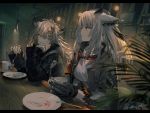  2girls absurdres animal_ears arknights cafe commentary_request cup drinking eating feathers fingerless_gloves fork gloves highres horns jacket lappland_(arknights) multiple_girls plate ptilopsis_(arknights) scar scar_across_eye ukai_saki white_hair wolf_ears yellow_eyes 