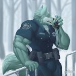  2019 5_fingers absurd_res anthro biceps big_muscles black_pawpads blueblaster bottomwear bulge canid canine canis claws clothing dress_shirt fingers fur grey_body grey_fur hi_res male mammal muscular muscular_arms muscular_male orange_eyes pants pawpads police shirt solo tight_clothing topwear white_claws wolf 