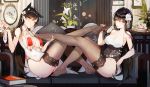  1girl 2girls animal_ears atago_(azur_lane) azuma_(azur_lane) azur_lane bangs bare_shoulders black_hair black_legwear blush box breasts brown_eyes couch dress eyebrows_visible_through_hair feet flower gift gift_box hair_between_eyes hair_flower hair_ornament hair_ribbon indoors large_breasts long_hair looking_at_viewer mole mole_under_eye multiple_girls on_couch plumw ribbon smile thighhighs thighs very_long_hair white_ribbon 