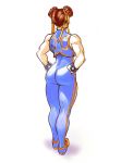  1girl alternate_costume biceps brown_hair chun-li commentary double_bun english_commentary faux_traditional_media followers from_behind full_body hair_ribbon hands_on_hips hits kneepits madguymao muscle muscular_female ribbon shoes short_hair sleeveless sneakers solo standing street_fighter street_fighter_zero_(series) striped studded_bracelet thick_thighs thighs traditional_media unitard updo vertical_stripes vest watercolor_(medium) white_background yellow_ribbon 