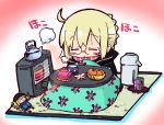  1girl :o ahoge artoria_pendragon_(all) bangs black_jacket blonde_hair blush_stickers bowl braid character_doll chibi closed_eyes commentary_request eyebrows_visible_through_hair facing_viewer fate/grand_order fate_(series) food fruit full_body glasses heater jacket kasuga_yuuki kotatsu mandarin_orange mysterious_heroine_x mysterious_heroine_x_(alter) parted_lips pink_scarf scarf sidelocks sitting solo table teapot tray 