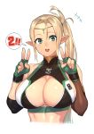  1girl 23_(real_xxiii) bare_shoulders blonde_hair blush breasts circlet cleavage commentary_request death_ball double_v fingernails gloves green_eyes green_gloves highres large_breasts long_hair looking_at_viewer nail_polish official_art open_mouth pointy_ears shiny shiny_hair shiny_skin side_ponytail sidelocks simple_background sleeveless smile solo turtleneck upper_body v white_background yuri_(death_ball) 
