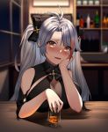  1girl alcohol alternate_costume antenna_hair azur_lane bangs black_dress blush bottle bow breasts brown_eyes cleavage dress eyebrows_visible_through_hair glass hair_between_eyes head_tilt highres indoors large_breasts long_hair looking_at_viewer mole mole_on_breast multicolored_hair open_mouth prinz_eugen_(azur_lane) prinz_eugen_(cordial_cornflower)_(azur_lane) red_hair repoi silver_hair sitting solo streaked_hair two_side_up very_long_hair whiskey 