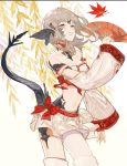  1girl animal_ears au_ra bow breasts cleavage detached_sleeves dragon_ears dragon_tail fan final_fantasy final_fantasy_xiv folding_fan grey_hair holding holding_fan leaf long_sleeves maple_leaf medium_breasts medium_hair navel purple_eyes red_bow rosette_(yankaixuan) skirt smile solo standing strapless tail tubetop white_skirt wide_sleeves 