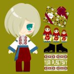  1boy :&gt; blonde_hair character_name chibi gift green_eyes hair_over_one_eye happy_birthday highres ice_skates kaorin_minogue male_focus matryoshka_doll pants red_pants russian_clothes sash skates yellow_background yuri!!!_on_ice yuri_plisetsky 