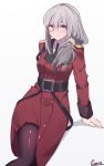  1girl absurdres arm_support artist_name blush breasts clothing_request coat epaulettes girls_frontline grey_hair helianthus_(girls_frontline) highres long_hair medium_breasts monocle pantyhose red_coat tegar32 white_background 