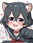  1girl alternate_costume animal_ears black_hair blue_eyes blush bow bowtie cat_ears cat_girl coat commentary_request extra_ears eyebrows_visible_through_hair gloves highres kaban_(kemono_friends) kemono_friends kemonomimi_mode looking_at_viewer no_hat no_headwear paw_gloves paw_pose paws ransusan red_coat red_neckwear sailor_collar school_uniform serafuku short_hair translation_request 
