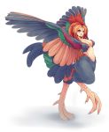  1girl :d breasts claws dunceneygak feathered_wings from_side harpy highres looking_at_viewer medium_breasts medium_hair monster_girl multicolored multicolored_hair multicolored_wings navel nude open_mouth orange_hair original rooster_comb simple_background smile solo standing standing_on_one_leg streaked_hair white_background wings 