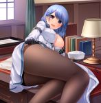  1girl azur_lane black_gloves blue_eyes blue_hair blush book breasts chapayev_(azur_lane) eyebrows_visible_through_hair gloves hair_ornament hairclip hat indoors jacket large_breasts lifted_by_self looking_at_viewer lying military_hat mole mole_on_breast on_side on_table pantyhose peaked_cap short_hair smile table thighs white_headwear white_jacket window yoyomura 