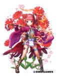  1girl boots brown_footwear closed_mouth commentary flower flower_knight_girl full_body hair_flower hair_ornament hairband holding holding_sword holding_weapon katana knee_boots legs_apart looking_at_viewer lychnis_(flower_knight_girl) nakaishow obi object_namesake official_art purple_eyes red_hair sash short_hair smile solo standing sword tassel thighlet weapon white_hairband 