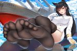  1girl absurdres animal_ears atago_(azur_lane) azur_lane bangs black_hair black_legwear blue_sky blush breasts cloud damao_yu extra_ears eyebrows_visible_through_hair feet garter_straps gloves greek_toe highres huge_filesize legs long_hair looking_at_viewer mole mole_under_eye no_shoes paid_reward pantyhose patreon_reward pov_feet ship sitting skirt sky soles solo thighhighs toes watercraft white_gloves yellow_eyes 