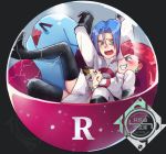  1boy 1girl blue_hair boots gloves green_eyes highres jewelry kojirou_(pokemon) meowth musashi_(pokemon) poke_ball pokemon pokemon_(anime) pokemon_(creature) red_hair smile team_rocket wobbuffet worried xiemeidequanyao 