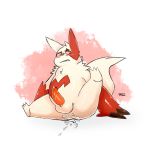  balls bodily_fluids cum cum_inside erection fur genital_fluids genitals male nintendo penis pok&eacute;mon pok&eacute;mon_(species) raburigaron raised_leg simple_background solo video_games white_background white_body white_fur zangoose 