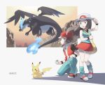  1girl baseball_cap black_hair blue_(pokemon) breasts brown_hair closed_mouth gen_1_pokemon graphite_(medium) hat highres holding holding_poke_ball long_hair mega_charizard_x nomura_(buroriidesu) official_style open_mouth pikachu poke_ball pokemon pokemon_(creature) pokemon_(game) pokemon_frlg red_(pokemon) traditional_media 