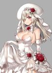  1girl bare_shoulders beret blush braid breasts bridal_veil brown_eyes cleavage closed_mouth detached_collar dress elbow_gloves flower g36c_(girls_frontline) girls_frontline gloves grey_background hair_over_one_eye hat kaorihero long_hair looking_at_viewer medium_breasts rose side_braid silver_hair simple_background smile solo veil white_dress white_gloves white_headwear 