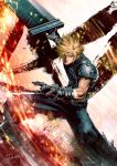  1boy biceps blonde_hair buster_sword cloud_strife commentary_request final_fantasy final_fantasy_vii final_fantasy_vii_remake gauntlets green_eyes highres holding holding_sword holding_weapon huge_weapon male_focus materia muscle pants sleeveless sleeveless_turtleneck solo spiked_hair sword tdsuke turtleneck weapon 