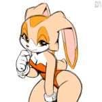  1:1 breasts cleavage clothed clothing cream_the_rabbit dipstick_ears female fully_clothed fur lagomorph leporid looking_at_viewer mammal multicolored_ears rabbit simple_background solo sonic_the_hedgehog_(series) tan_body tan_fur thick_thighs xylas 