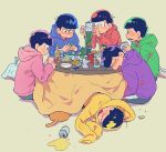  6+boys :3 alcohol bag balancing beer beer_bottle beer_can beige_background blue_hoodie blush bottle brothers can can_opener cellphone closed_eyes closed_mouth cup drink drinking_glass esper_nyanko food from_behind green_hoodie half-closed_eyes hand_up hands_up holding holding_can holding_cellphone holding_phone hood hood_down hoodie kotatsu looking_at_another looking_down lying male_focus matsuno_choromatsu matsuno_ichimatsu matsuno_juushimatsu matsuno_karamatsu matsuno_osomatsu matsuno_todomatsu multiple_boys o3o on_side open_mouth osomatsu-kun osomatsu-san parted_lips phone pink_hoodie plastic_bag profile puckered_lips purple_hoodie red_hoodie sextuplets shiny shiny_hair siblings simple_background sitting sleeping sleeping_upright smartphone smile spilling stacking table torutsu triangle_mouth under_kotatsu under_table v-shaped_eyebrows yellow_hoodie 
