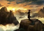  1boy above_clouds back changpao chinese_clothes cloud facing_away fate/grand_order fate_(series) fog from_behind full_body kusarebon li_shuwen_(fate/grand_order) long_hair long_sleeves mountain mountainous_horizon outdoors ponytail red_hair shadow sky solo spiked_hair standing sun sunlight sunset wide_shot 