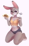  2020 anthro breasts cake clothed clothing dialogue disney english_text female food fur grey_body grey_fur judy_hopps kneeling lagomorph leporid looking_at_viewer luryry mammal open_mouth plate purple_eyes rabbit simple_background smile teeth text thick_thighs white_background wide_hips zootopia 