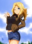  1girl ;) artist_name black_shirt blonde_hair blue_eyes blue_shorts blue_sky brown_jacket closed_mouth cloud cloudy_sky commentary cutoffs day denim denim_shorts emblem eyebrows_visible_through_hair girls_und_panzer hair_intakes hand_in_pocket jacket kay_(girls_und_panzer) long_hair long_sleeves looking_at_viewer midriff military military_uniform navel one_eye_closed open_clothes open_jacket outdoors qqq_iwe saunders_military_uniform shirt short_shorts shorts signature sky smile solo standing star uniform waving 