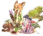  2019 anthro barefoot bottomwear canid canine clothed clothing disney duo food fox fruit fully_clothed fur grey_body grey_fur hat headgear headwear holding_food holding_object judy_hopps kabe2mugi lagomorph leporid mammal melon nick_wilde open_shirt orange_body orange_fur plant rabbit red_fox shirt shorts sitting tank_top topwear watermelon zootopia 