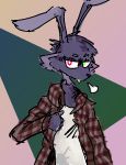  ambiguous_gender cheek_fluff clothed clothing flannel fur gallil half-closed_eyes hare heterochromia lagomorph leporid looking_at_viewer mammal multicolored_body multicolored_fur narrowed_eyes portrait purple_body purple_fur saylem_armond sigh simple_background solo two_tone_body two_tone_fur 