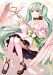  1girl absurdres black_footwear dress eyebrows_visible_through_hair feathers forever_7th_capital full_body gmyo25 green_eyes green_hair hatsune_miku highres long_hair pantyhose scepter sitting solo twintails very_long_hair vocaloid white_dress wings 