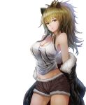  1girl absurdres animal_ears arknights bangs bare_shoulders black_jacket breasts brown_eyes brown_hair cleavage commentary cowboy_shot fur-trimmed_jacket fur-trimmed_shorts fur_trim grey_shorts hair_between_eyes head_tilt highres jacket jjjjj large_breasts lion_ears long_hair looking_at_viewer midriff off_shoulder short_shorts shorts siege_(arknights) simple_background solo standing tank_top white_background white_tank_top 