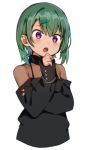  1girl black_shirt blush eyebrows_visible_through_hair fanbox_reward green_hair hair_ornament_removed konbu_wakame long_sleeves looking_away open_mouth original paid_reward purple_eyes seaweed shirt short_hair solo transparent_background 