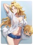  1girl ahoge arm_behind_head arm_up artoria_pendragon_(all) bangs blonde_hair blue_background blue_shorts blush blush_stickers border breasts character_doll closed_eyes closed_mouth collarbone collared_shirt fang fang_out fate/apocrypha fate/stay_night fate_(series) food forehead gradient gradient_background green_eyes hair_pulled_back highres long_hair mordred_(fate) mordred_(fate)_(all) navel nesoberi no_bra onigiri parted_bangs saber shirt short_shorts short_sleeves shorts small_breasts solo stuffed_toy thighs tonee white_border white_shirt 