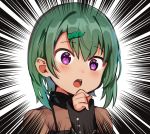  1girl black_shirt blush eyebrows_visible_through_hair fanbox_reward green_hair hair_ornament_removed konbu_wakame long_sleeves looking_away open_mouth original paid_reward purple_eyes seaweed shirt short_hair solo speed_lines upper_body 