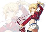  1girl absurdres ass bangs belt black_gloves blonde_hair blue_belt braid breasts clarent closed_mouth cropped_jacket fate/apocrypha fate_(series) fingerless_gloves french_braid gloves green_eyes highres holding holding_hair jacket long_hair long_sleeves looking_at_viewer midriff mordred_(fate) mordred_(fate)_(all) ponytail red_jacket red_ribbon ribbon short_shorts shorts shoulder_cutout sidelocks small_breasts solo sword thighs tonee weapon white_background white_shorts 