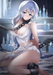  1girl arms_behind_back ass avrora_(azur_lane) avrora_(shackled_saule)_(azur_lane) azur_lane bangs bare_shoulders blue_eyes blur blush braid breasts candle chain chained cleavage closed_mouth collar collarbone commentary_request cuffs dress dungeon eyebrows_visible_through_hair hair_between_eyes highres john_manjirou_(love-love-happy21) large_breasts long_hair looking_at_viewer metal_collar nose_blush restrained revision shackles sidelocks silver_hair sitting solo stairs torn_clothes torn_dress twin_braids very_long_hair white_dress yokozuwari 