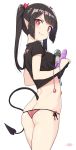  1girl :3 ass bad_id bad_twitter_id black_hair black_shirt breasts cloba cowboy_shot crop_top demon_girl demon_tail dildo hair_ornament heart heart-shaped_pupils highres long_hair looking_at_viewer looking_back no_pants original panties pink_panties pointy_ears raised_eyebrow red_eyes shirt short_sleeves side-tie_panties sidelocks signature simple_background skindentation small_breasts smile solo standing string_panties sweat symbol-shaped_pupils tail thighs twintails underwear vibrator white_background 