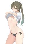  1girl black_panties breasts crossed_arms green_hair hair_between_eyes hair_ribbon highres kantai_collection lifted_by_self long_hair nikonikosiro nipples no_bra no_pants open_mouth panties revision ribbon short_sleeves side-tie_panties simple_background small_breasts solo standing thighs twintails underwear undressing white_background yellow_eyes zuikaku_(kantai_collection) 