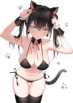  1girl animal_ears armpits arms_up bare_shoulders bell bikini black_bikini black_hair black_legwear blue_eyes breasts cat_ears cat_girl cat_tail cleavage cowboy_shot detached_collar earrings halter_top halterneck highres jewelry jingle_bell large_breasts long_hair looking_at_viewer mirin_boshi mole mole_on_armpits mole_on_stomach mole_on_thigh navel original parted_lips paw_background side-tie_bikini simple_background skindentation solo stomach swimsuit tail thigh_gap thighhighs thighs twintails white_background wrist_cuffs 