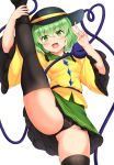  1girl :d ass_visible_through_thighs bangs black_headwear black_legwear black_panties blush breasts commentary_request cowboy_shot eyebrows_visible_through_hair frilled_sleeves frills green_eyes green_hair green_skirt groin hair_between_eyes hands_up heart heart_of_string highres komeiji_koishi leg_hold leg_up long_sleeves looking_at_viewer miniskirt open_mouth panties petticoat shirt short_hair simple_background skirt small_breasts smile solo standing standing_on_one_leg thighhighs thighs third_eye tokoya_(ex-hetare) touhou underwear v white_background wide_sleeves yellow_shirt 