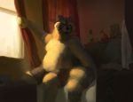  2020 anthro belly cariboops clothing detailed_background humanoid_hands male mammal moobs overweight overweight_male procyonid raccoon sitting solo underwear 