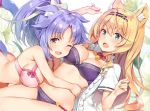  2girls :o ;d ahoge animal_ear_fluff animal_ears bare_shoulders bell blonde_hair blue_eyes bow bowtie bra breasts cat_ears cat_girl cat_tail cinnamon_(sayori) cleavage collared_shirt fang flower hair_bow hairband jingle_bell large_breasts lily_(flower) long_hair looking_at_viewer maple_(sayori) multiple_girls nekopara no_pants one_eye_closed open_clothes open_mouth open_shirt orange_eyes panties pink_bra ponytail purple_bra purple_hair purple_panties shirt smile tail underwear white_shirt yuuki_hagure 