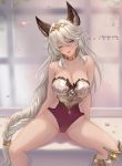  1girl animal_ears artist_name azto_dio blush braid breasts cat_ears cleavage collar collarbone erune granblue_fantasy hair_between_eyes heles highleg highleg_leotard highres large_breasts leotard long_hair looking_at_viewer low-tied_long_hair metal_collar one_eye_closed open_mouth petals purple_leotard sidelocks silver_hair single_braid sitting smile solo spread_legs thighs tiara very_long_hair yellow_eyes 