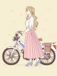  1girl bangs bicycle blonde_hair blue_eyes blue_footwear breasts from_side ground_vehicle high_heels highres kantai_collection long_hair long_skirt mole mole_under_eye mole_under_mouth motor_vehicle motorcycle petals peugeot peugeot_103 pink_skirt profile richelieu_(kantai_collection) shadow shirt simple_background skirt smile solo standing thrux white_shirt yellow_background 