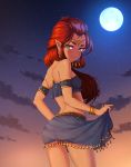  1girl artist_request ass bare_shoulders blue_skirt breasts commentary_request dark_skin from_behind green_eyes highres long_hair looking_at_viewer moon night night_sky no_panties outdoors pointy_ears red_hair see-through skirt sky small_breasts smile solo star_(sky) starry_sky the_legend_of_zelda 