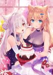  2girls :q animal_ears arm_warmers bare_shoulders black_dress blonde_hair blue_eyes blurry box braid breasts cake cat_ears cleavage collar depth_of_field dress flower food gift gift_box hair_bun hair_ornament hair_over_one_eye halterneck heart-shaped_lock highres long_hair looking_at_viewer medium_breasts multiple_girls necomi open_mouth original pitcher purple_dress red_eyes red_flower rose silver_hair sleeveless sleeveless_dress small_breasts tongue tongue_out 