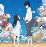  1boy 1girl backpack bag bangs barefoot beach belt black_hair blue_sky blunt_bangs box cardboard_box cloud cup dress envelope father_and_daughter formal full_body goto_hime goto_kakushi highres hime_cut ink_bottle innertube instrument kakushigoto key_visual long_hair looking_at_another marble mug notebook ocean official_art outdoors paper paper_bag pen randoseru recorder shirt short_hair sky sleeveless sleeveless_dress sparkle stuffed_animal stuffed_toy suit sundress toothbrush waves white_shirt 