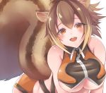  1girl animal_ears antenna_hair bent_over blazblue blush breasts buck_teeth crop_top highleg highleg_panties highres large_breasts large_tail looking_at_viewer makoto_nanaya microskirt mithiruka multicolored_hair orange_eyes orange_skirt panties revealing_clothes skirt solo squirrel_ears squirrel_girl squirrel_tail tail two-tone_hair underboob underwear v_arms 